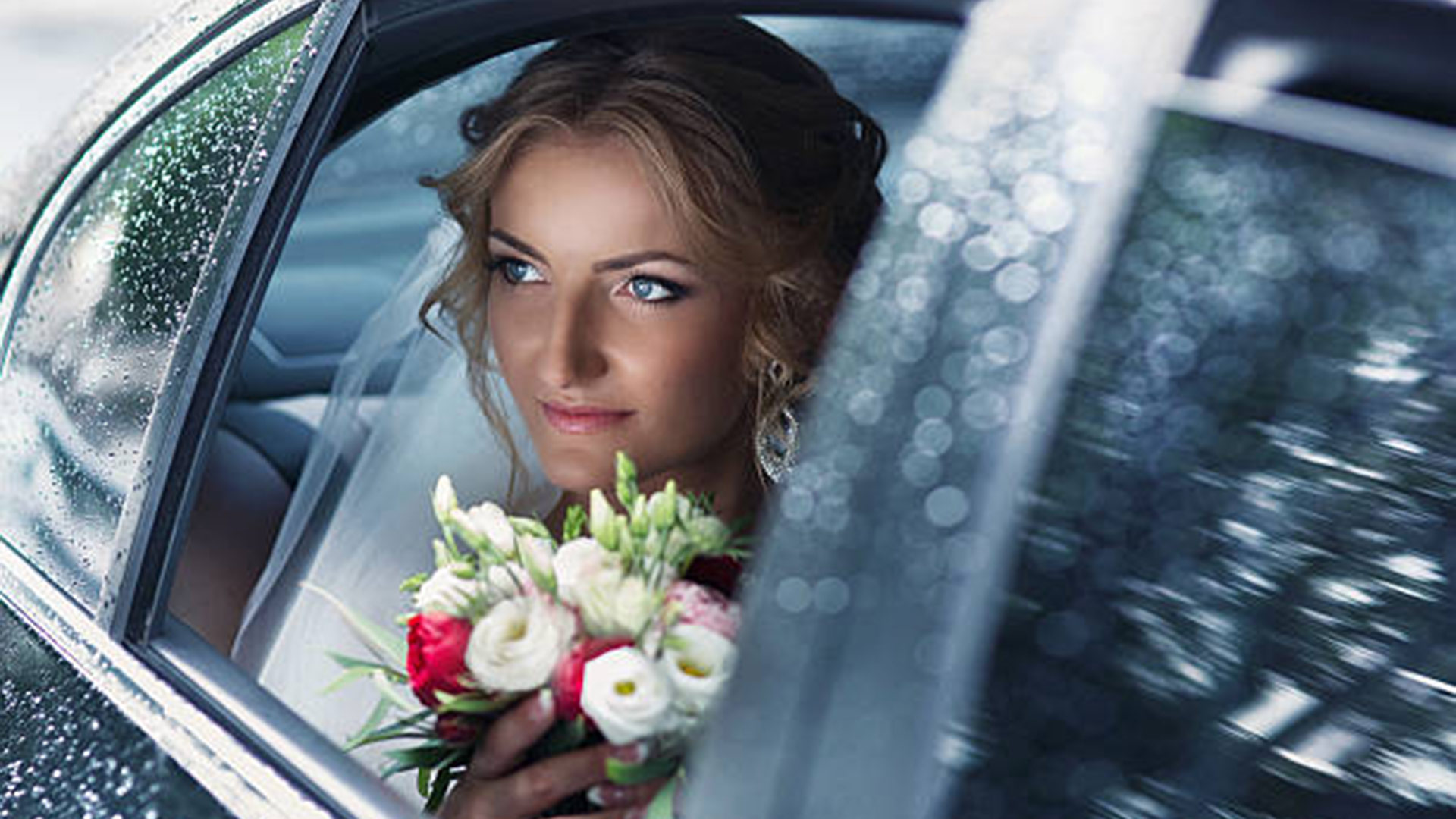 Luxury Car Service in NYC | Beautiful blonde bride posing in wedding car on rainy day