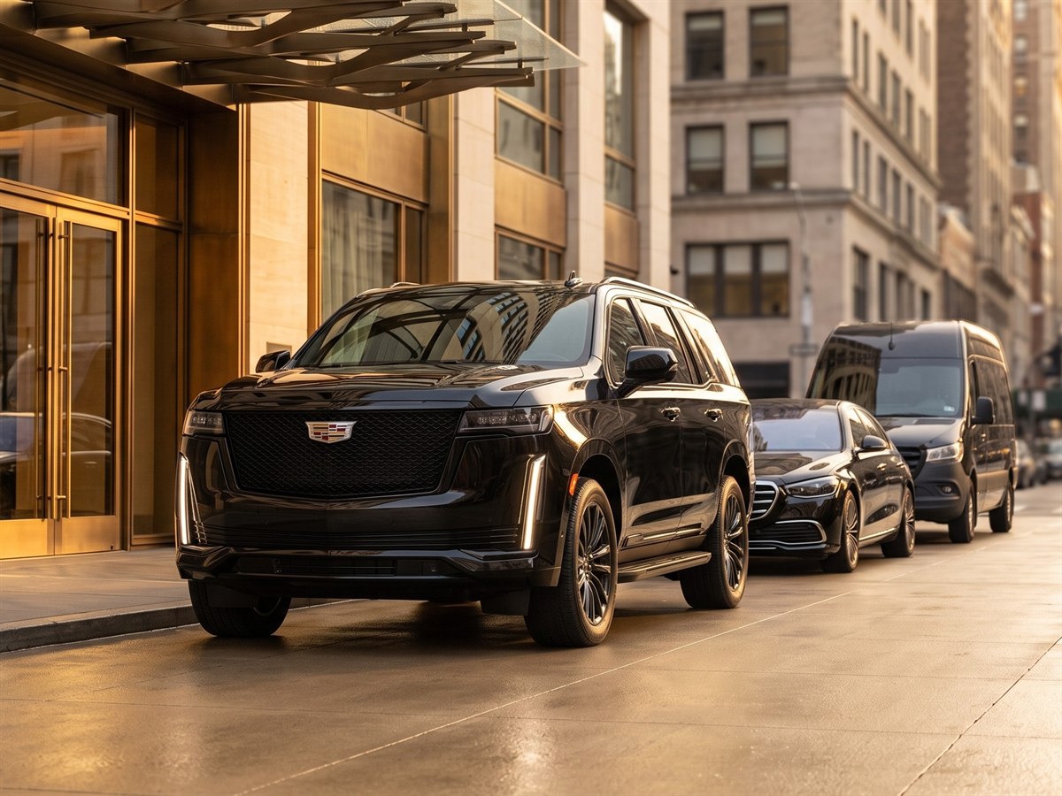 Black car service vehicle outside a modern Manhattan hotel entrance at golden hour