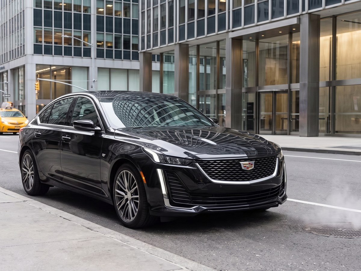 Black Cadillac CT5 parked along a Manhattan business district curbside in daylight