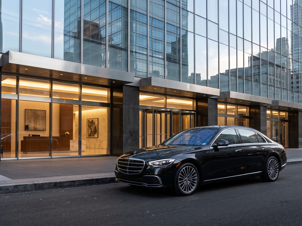 Black Mercedes-Benz S-Class sedan arriving at a Midtown Manhattan corporate building for corporate car service in NYC
