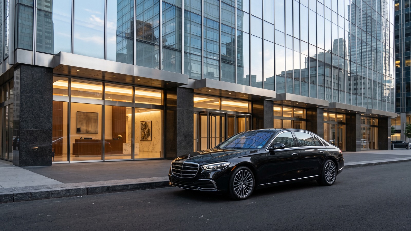 Corporate car service NYC image showing a black Mercedes sedan parked curbside in Midtown Manhattan near office towers in daylight