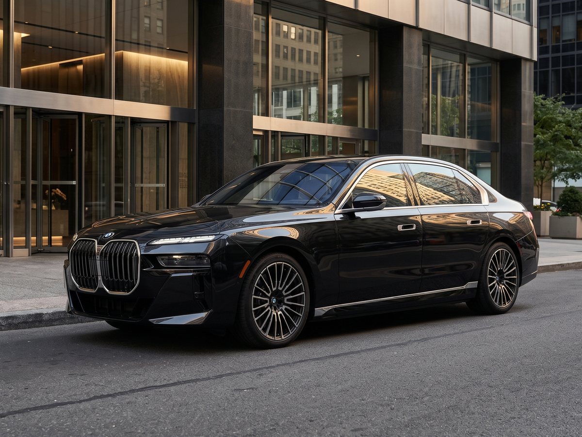 Black BMW 7 Series sedan arriving at a Manhattan corporate building for executive car service in NYC