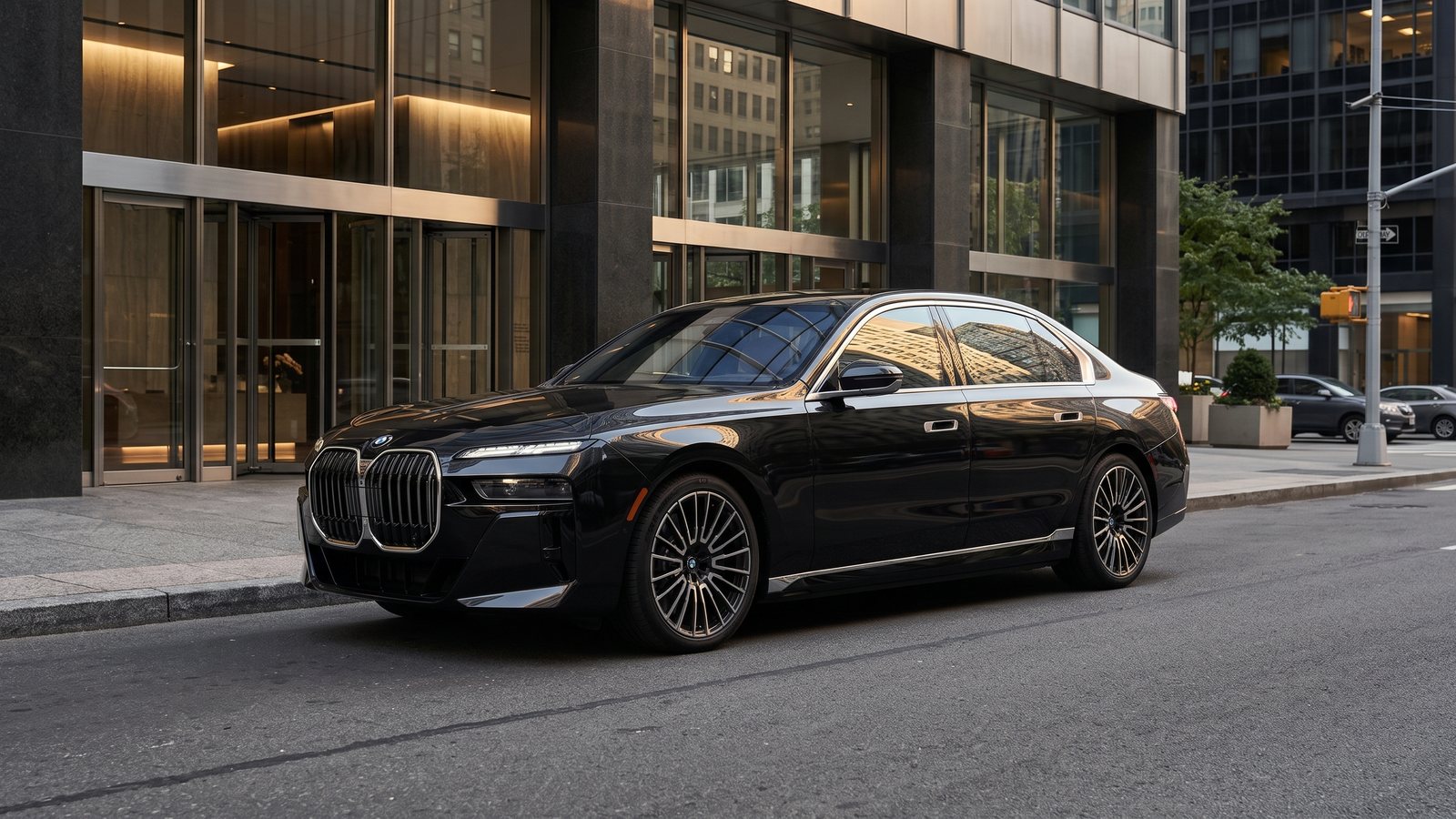 Black luxury sedan arriving at a Manhattan corporate building for executive transportation service