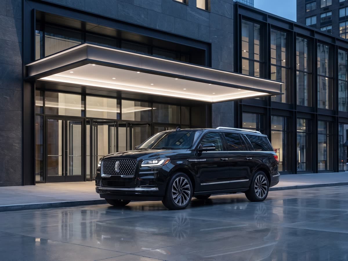 Black Lincoln Navigator arriving outside a contemporary Manhattan cultural venue