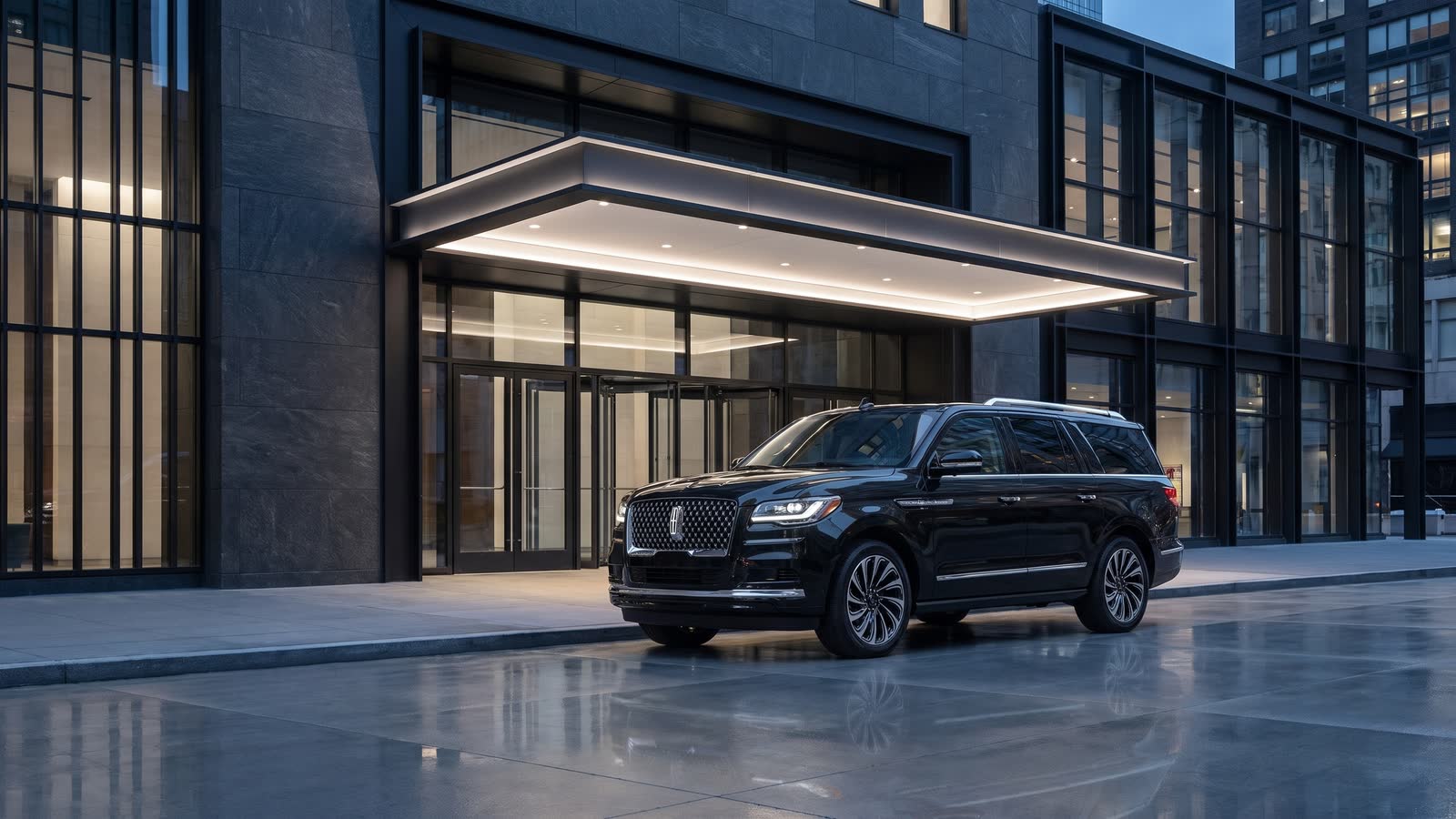 Black Lincoln Navigator-style SUV arriving outside a contemporary Manhattan cultural venue
