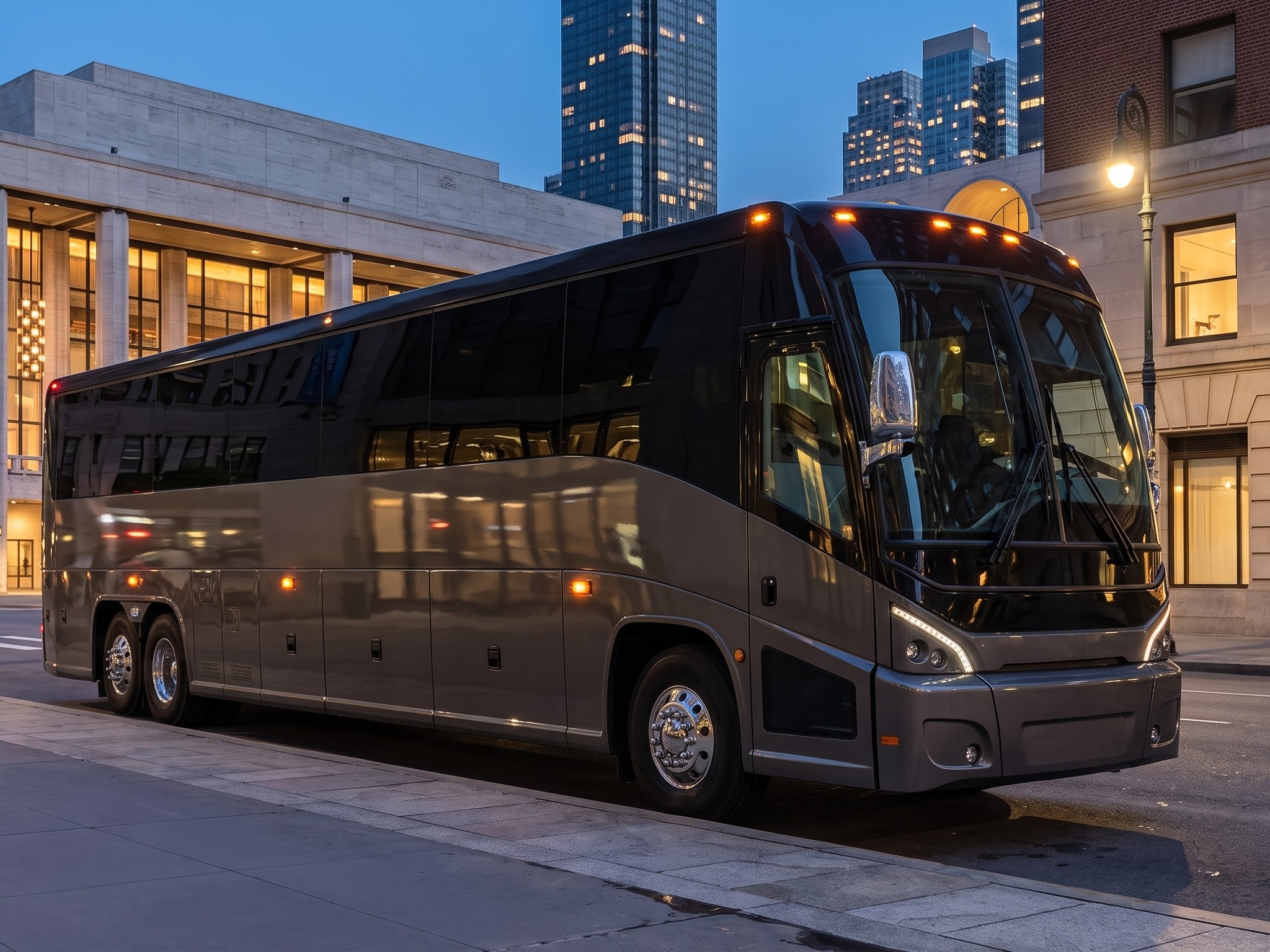 Full-size commercial passenger motorcoach parked on a Midtown Manhattan street