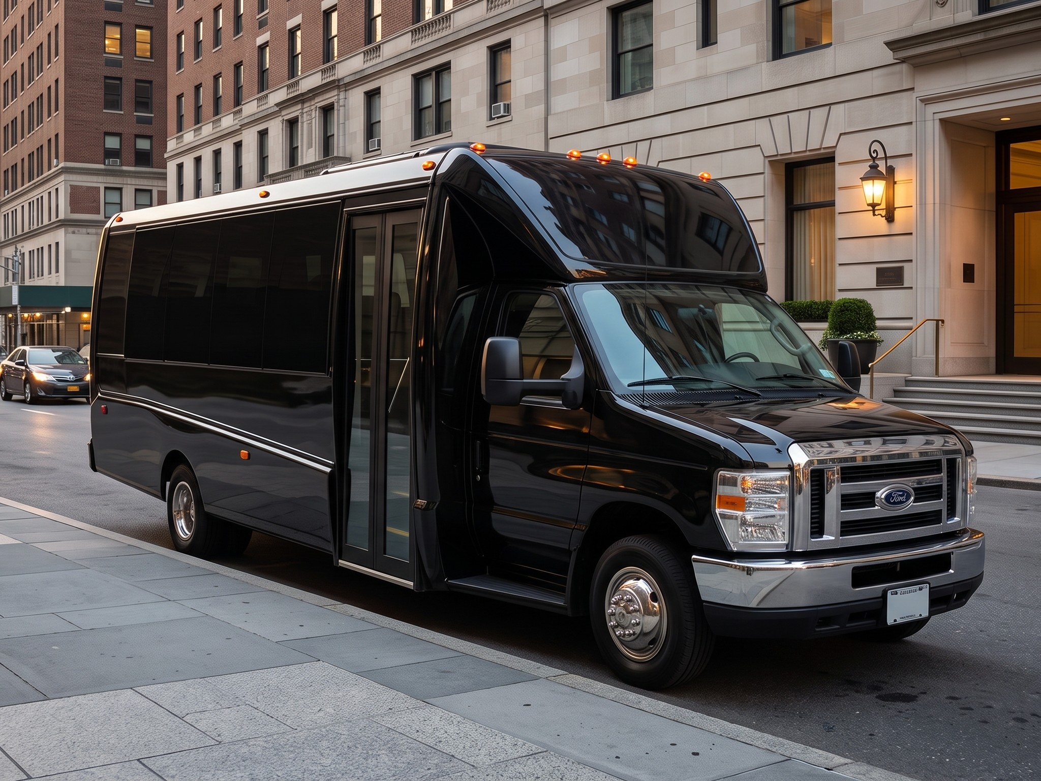 Mini-coach parked curbside on an Upper East Side Manhattan street