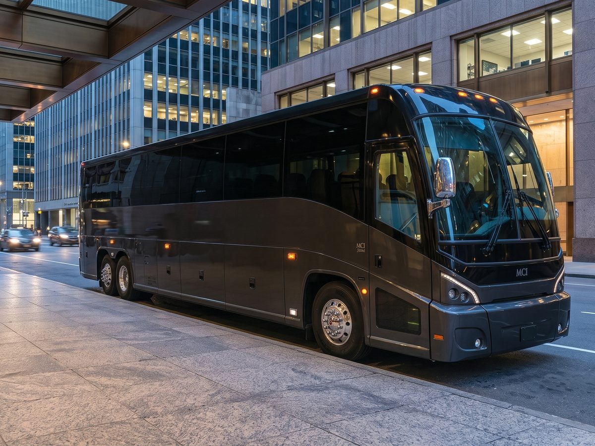 Commercial passenger motorcoach parked curbside on a Midtown Manhattan office-tower street for motorcoach service in NYC