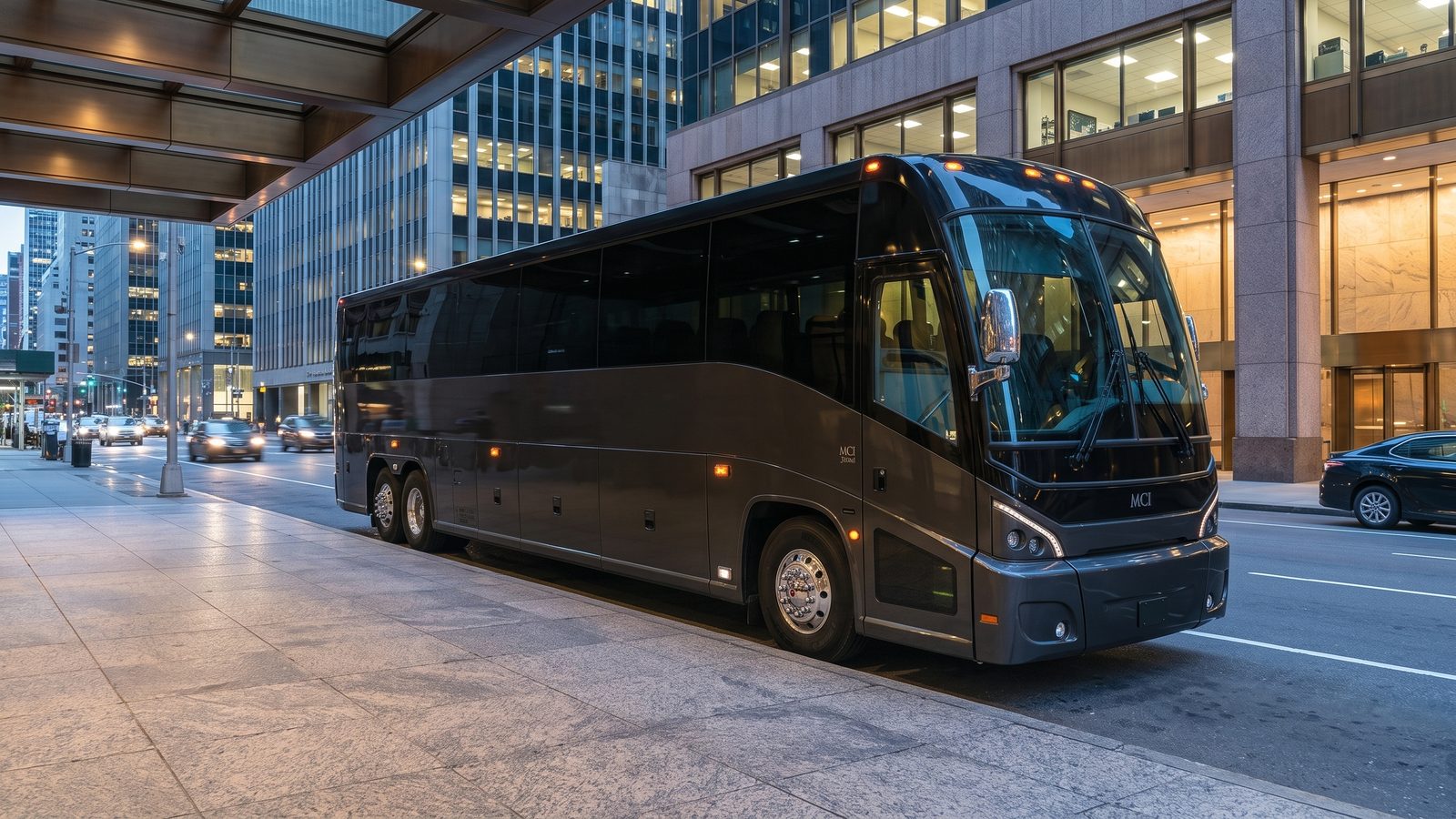 Commercial passenger motorcoach parked curbside on a Midtown Manhattan office-tower street