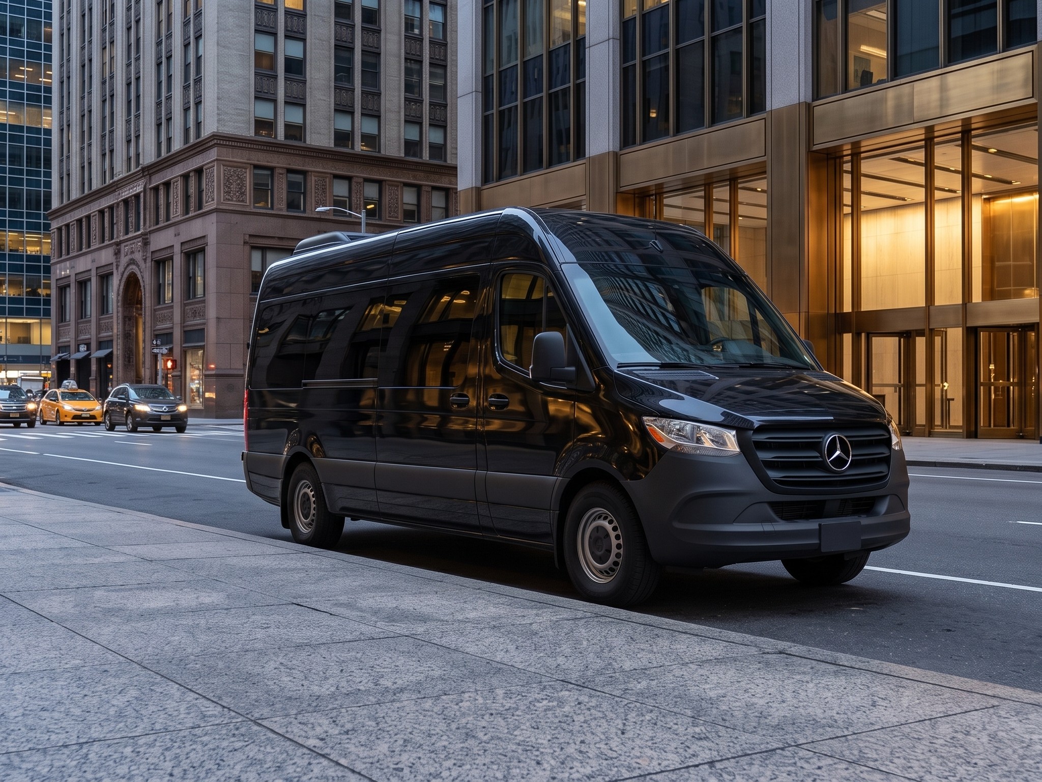 Sprinter-style group vehicle parked curbside on a Midtown Manhattan street
