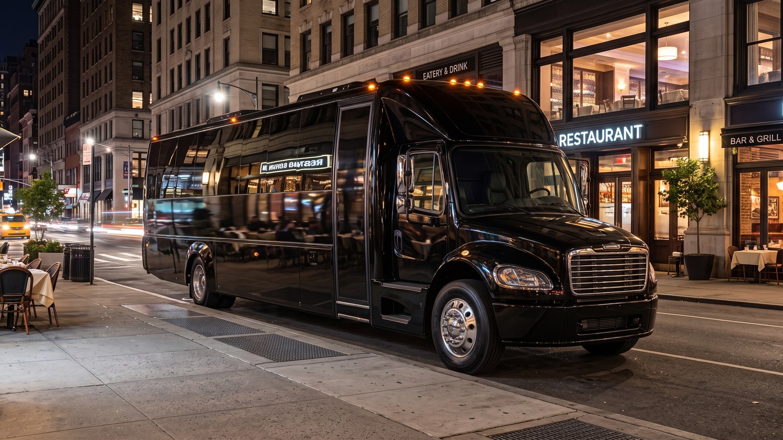 Dark group transportation vehicle parked on a Manhattan restaurant-row street at night for party bus service in NYC