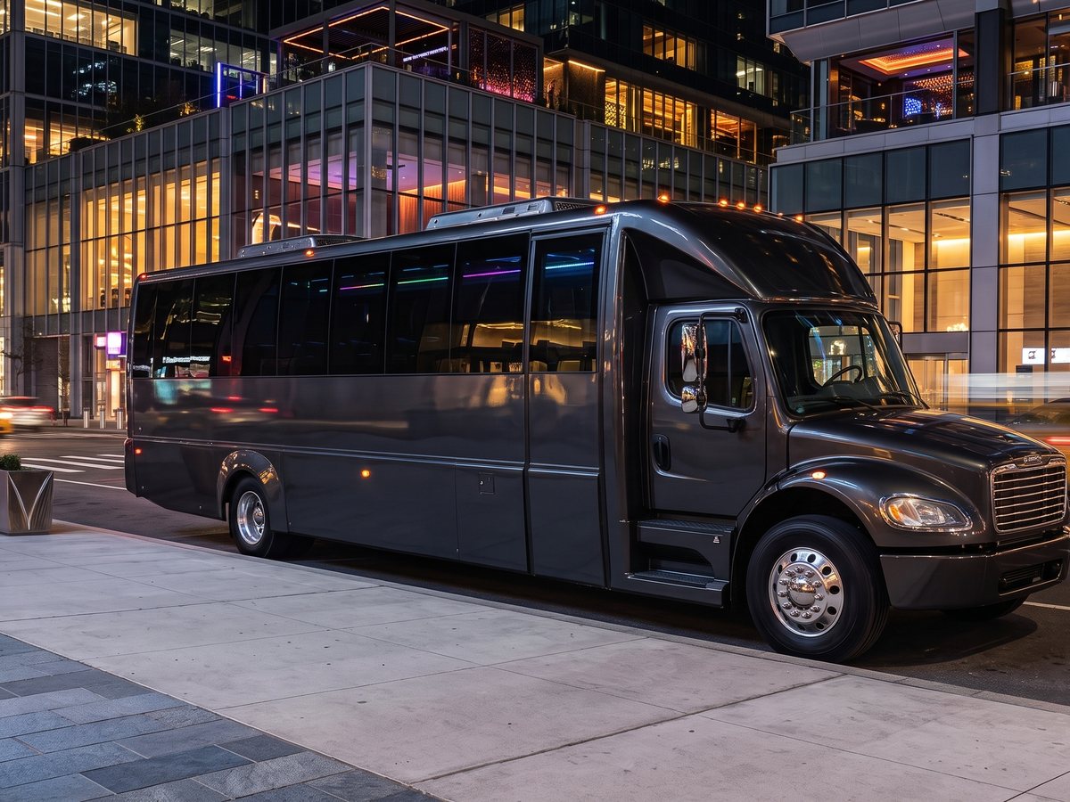 Dark party bus parked in a modern Manhattan rooftop district at night for party bus service in NYC
