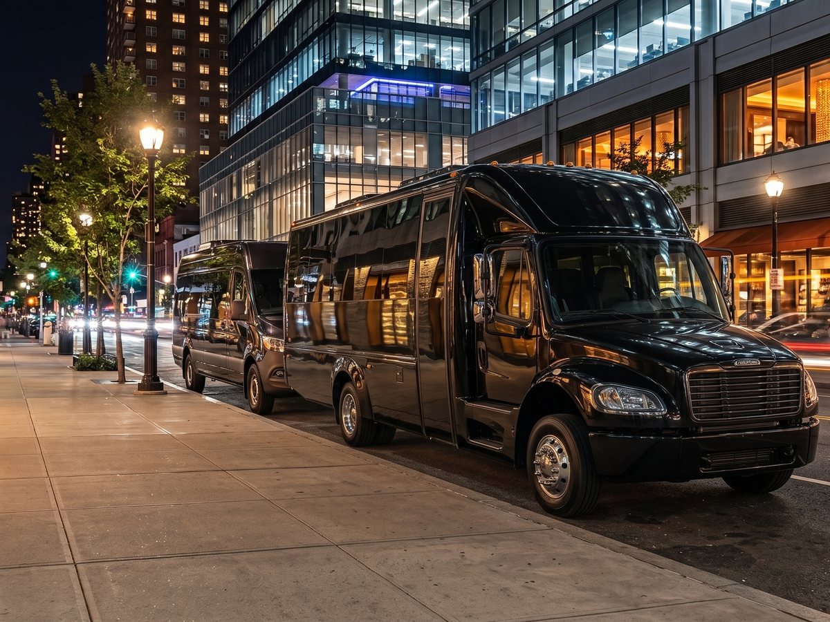 Two dark group transportation vehicles parked on a Manhattan night corridor for multi-stop party bus service in NYC