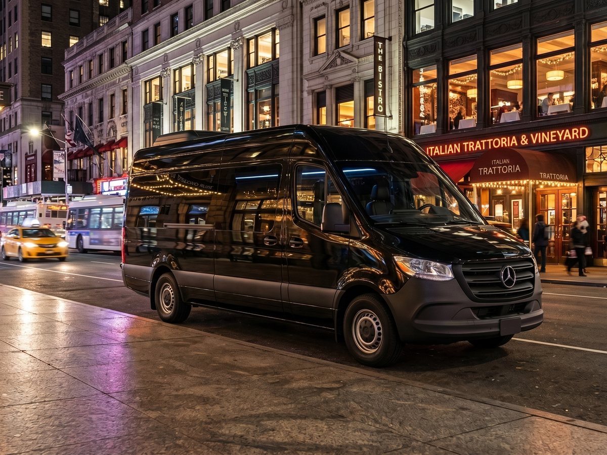 Black Sprinter-style group transportation van parked on a Manhattan night-out street for party bus service in NYC