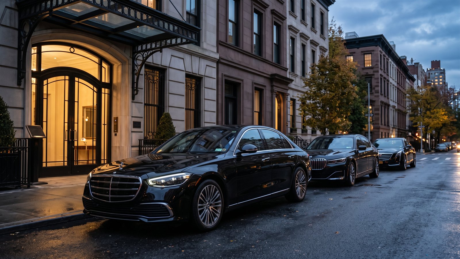 Town car service NYC sedans arriving outside an upscale Manhattan residential entrance in early evening