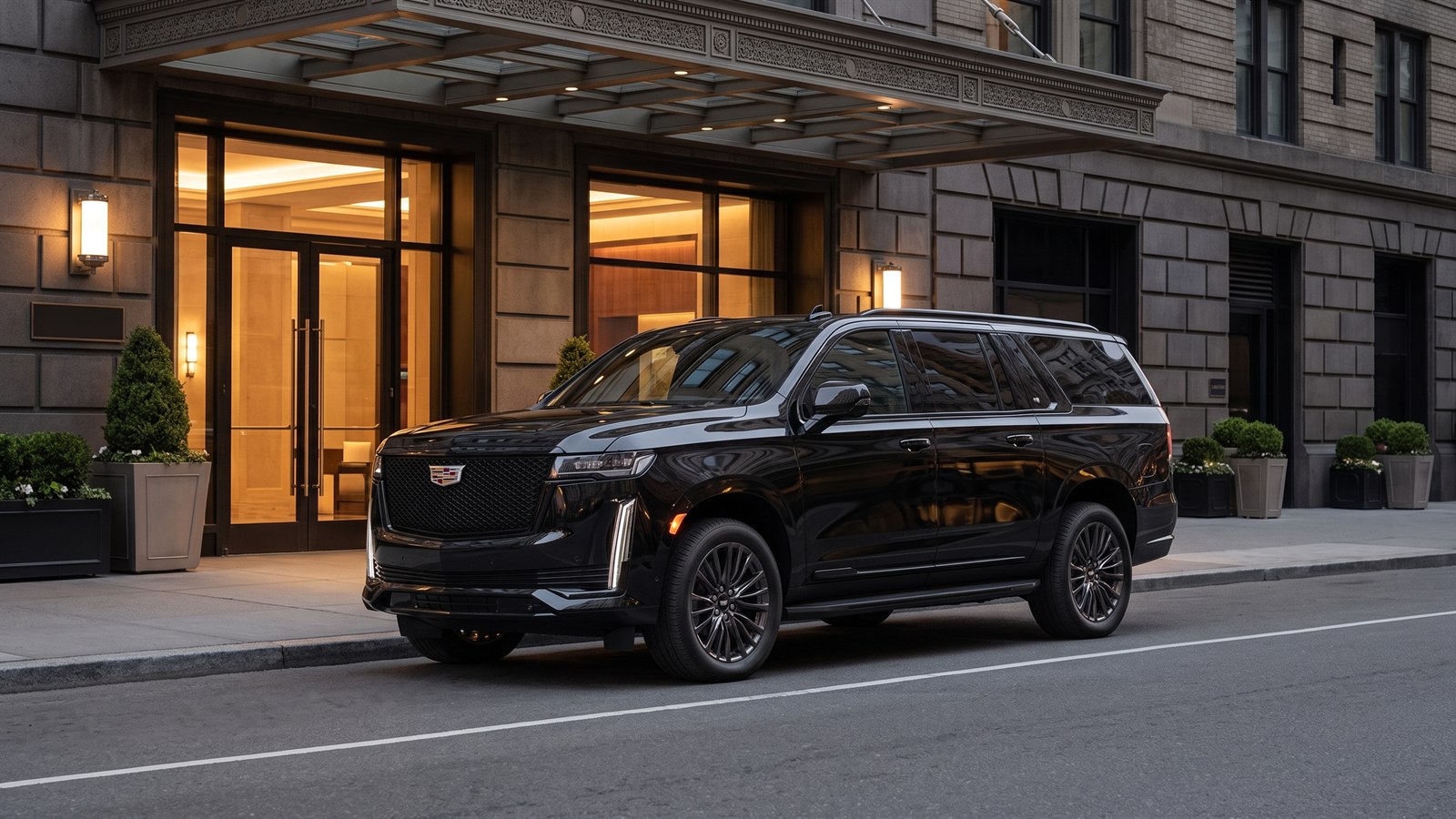 UN General Assembly transportation NYC with a black Cadillac Escalade staged outside a Manhattan hotel entrance