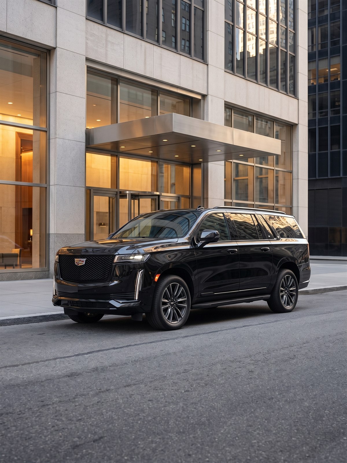 UN General Assembly transportation NYC with a black Cadillac Escalade arriving at a Midtown East meeting entrance