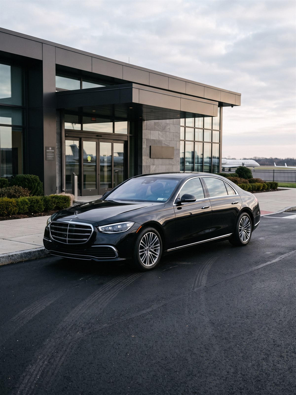 UN General Assembly transportation NYC with a black luxury sedan staged outside a private aviation FBO terminal