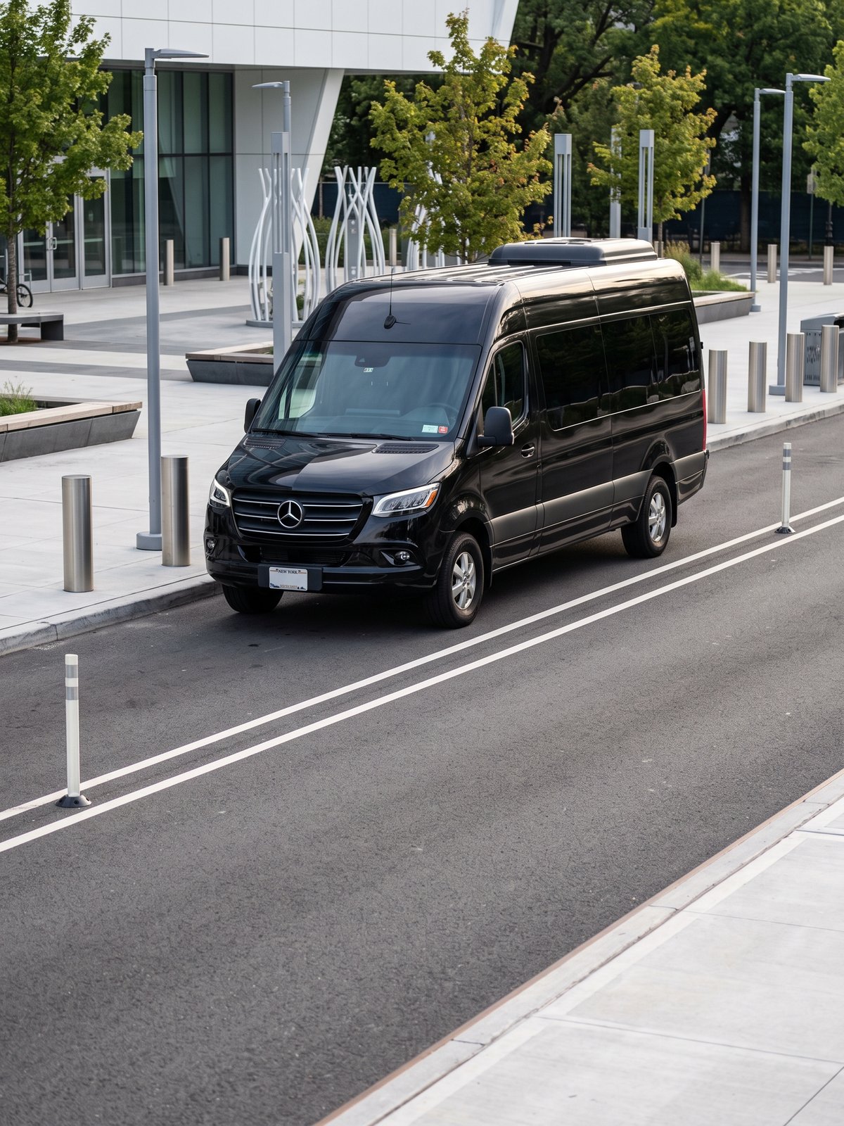 US Open transportation NYC event-day curbside scene with black luxury van