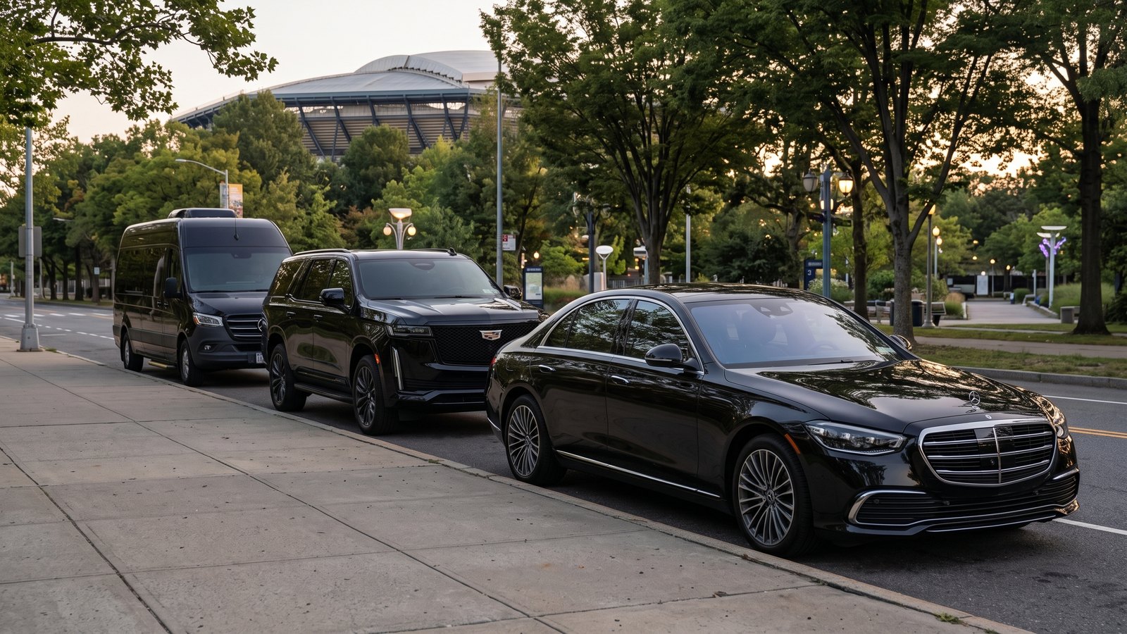 Three black luxury transportation vehicles parked along a tree-lined road near Arthur Ashe Stadium during the US Open in Queens