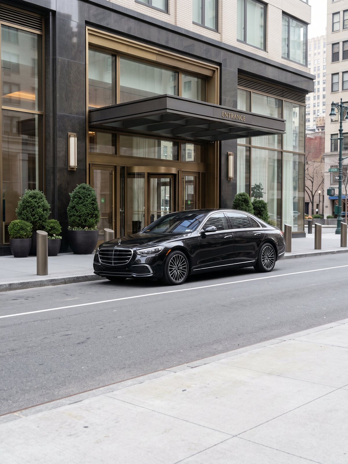 US Open transportation NYC private-building departure with black luxury sedan
